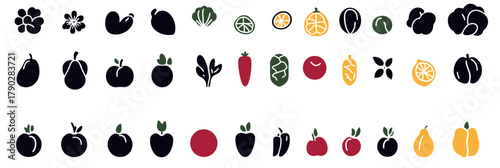 Flat minimalist vector icons of assorted fruits and vegetables including apples, cherries, pear, carrot, citrus slices, spinach, and peas for healthy food and grocery market concept