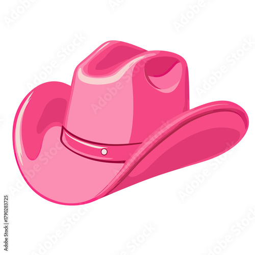 Pink cowboy hat illustration shiny western style hat with wide brim and creased crown in vibrant pink tones flat vector design for fashion accessory
