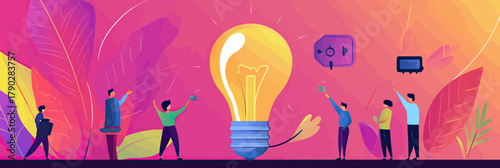 Conceptual sustainability illustration with diverse people reducing energy consumption using energy saving light bulb and smart devices in flat minimalist style