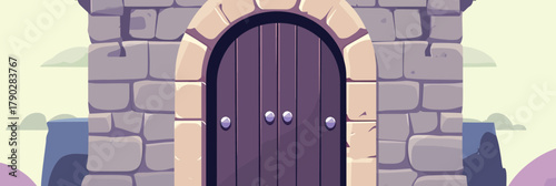 Stone castle wooden door with rounded arch stone frame medieval fortress entrance flat minimalist cartoon vector illustration