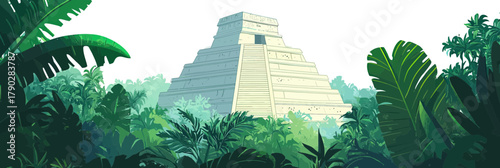 Mayan pyramid ancient stone temple rising above dense tropical jungle canopy with lush green foliage flat vector illustration