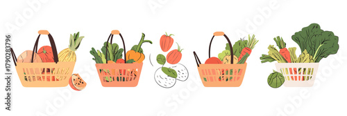 Collection of baskets filled with fresh organic vegetables and greens isolated on white background flat minimalist vector illustration
