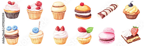 Flat minimalist vector set of colorful cupcake, macaron, pastry, and dessert icons with berries and cream toppings isolated on white background for game design or collection