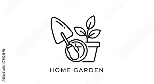 Gardening tools and a young plant in a pot, symbolizing home cultivation and growth.