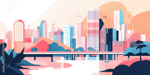 Modern city skyline with skyscrapers reflecting in river and surrounding green trees during sunrise in minimalist flat style vector illustration
