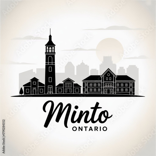 Minto Ontario Skyline Silhouette — Rural Canadian Wellington County Town of Heritage and Nature Vector Illustration