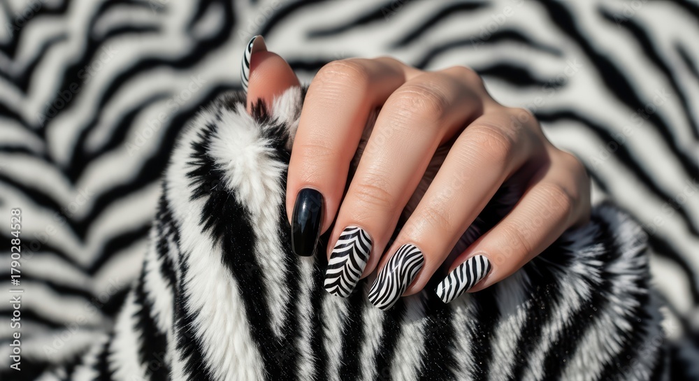 Fototapeta premium Elegant black and white zebra nail art on fabric background