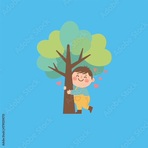 A happy cartoon boy with rosy cheeks hugs a tree trunk, with leaves above and red hearts floating around them on a light blue background.