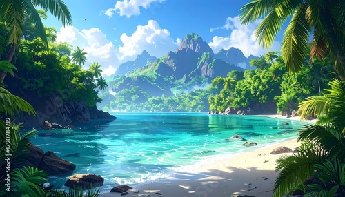 Fototapeta Naklejka Na Ścianę i Meble -  Bright turquoise ocean with lush, green islands, white sand beach, under clear skies and white puffy clouds