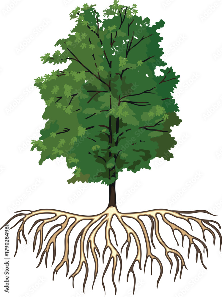 Naklejka premium Deciduous tree with with root system and green crown for landscape design isolated on white background