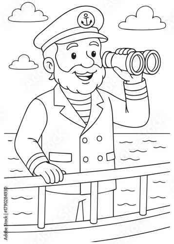 coloring book ship captain using binoculars to observe the sea