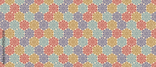 Vector geometric seamless pattern in islamic, moroccan style. Colorful arabesque background with star shapes, circles, floral ornament. Stylish texture. Repeated design for textile, decor, print, wrap