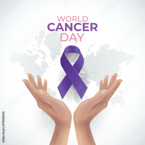 World Cancer Day illustration featuring hands holding a purple ribbon symbolizing support and awareness for cancer patients globally