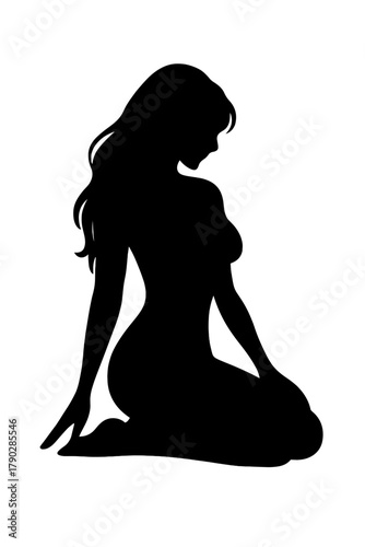 Elegant silhouette of a sensual woman kneeling, a symbol of femininity, beauty, and grace for artistic design projects