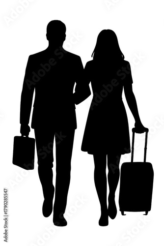 Elegant couple traveling together with luggage silhouette, perfect for travel and romance themed designs, vacations