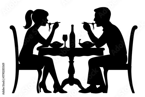 Romantic Italian dinner silhouette with wine creates intimate moment, perfect for Valentine's Day card design or restaurant promotion