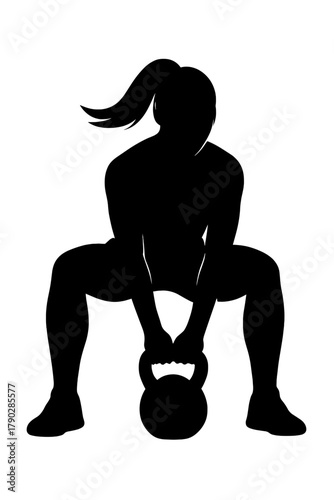 Dynamic woman lifting kettlebell in powerful silhouette, fitness and strength training for healthy lifestyle motivation