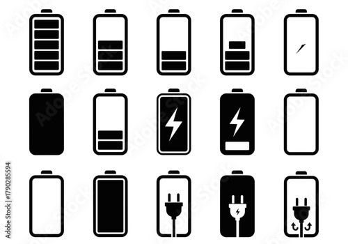 Battery charging indicator icons showing energy levels and power supply in silhouette for eco tech and electric vehicles
