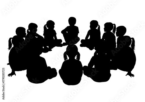 Children in circle silhouette, learning, sharing, and connecting together in a safe space, a vector shape of unity