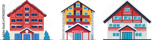 Three colorful houses with distinct architectural styles and designs  