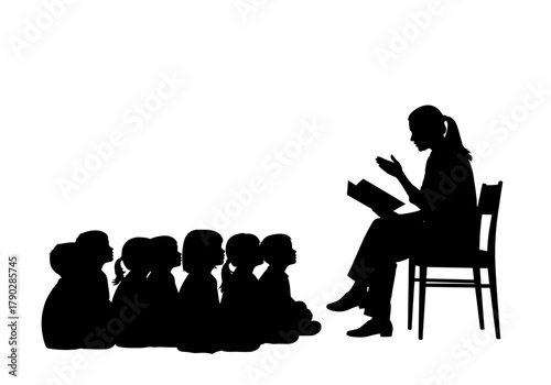 Story time silhouette featuring teacher reading to children, perfect for educational content and designs for school projects