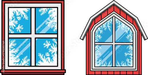 Stylized illustration of snowy windows with frost designs  