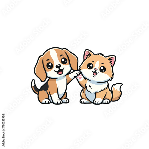 Adorable cartoon dog and cat friends playing together happily