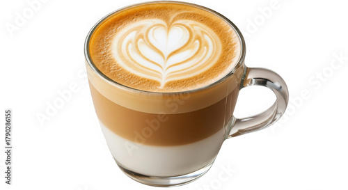 Layered latte coffee with heart art in clear mug isolated on transparent background