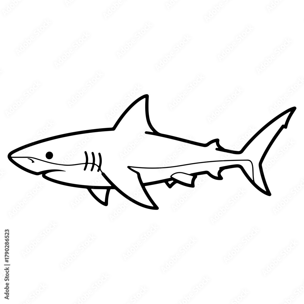Obraz premium A shark swimming, shown in a simple black and white outline style. A minimalist illustration of a sea predator, perfect for ocean themed icons and designs.