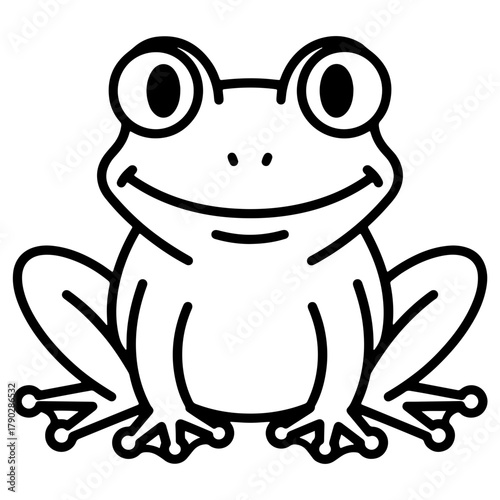 A cute frog illustration in a simple black and white outline style. A minimalist amphibian icon, perfect for childrens designs or nature themed graphics.