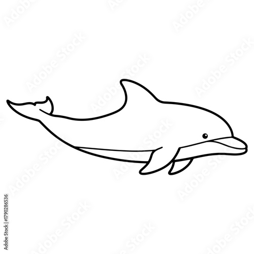A dolphin illustration in a simple black and white outline style. A clean, minimalist drawing of a marine mammal, suitable for ocean and sea life graphics.