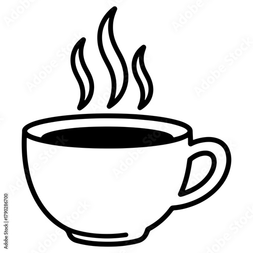 A steaming cup of hot coffee or tea in a simple black and white outline style. A minimalist icon for a hot beverage, cafe, or a morning drink.