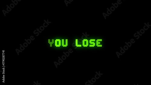 Glowing green “You Lose” pixel text animation in classic game style. Ideal for game endings, defeat sequences, or retro-themed videos.