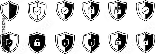 Set of security shield icons with lock and check mark symbols, black and white minimal line style, protection and privacy concept, outline vector illustration for cybersecurity, antivirus, and secure 