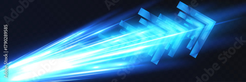 Blue glowing speed arrow light effect, fast motion neon lines, futuristic technology direction, abstract energy flow background.
