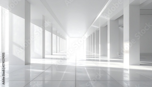 Wallpaper Mural Bright white corridor with pillars, reflecting light, tiled floor, and light at the end of the tunnel Torontodigital.ca