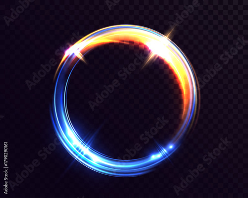 Glowing energy light ring with blue and golden colors, sparkling circular frame with shine and glitter effect, futuristic cosmic design on dark background.
