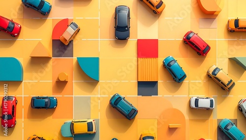 Fototapeta Naklejka Na Ścianę i Meble -  Colorful toy cars arranged geometrically on a light orange surface, creating a playful, stylized cityscape