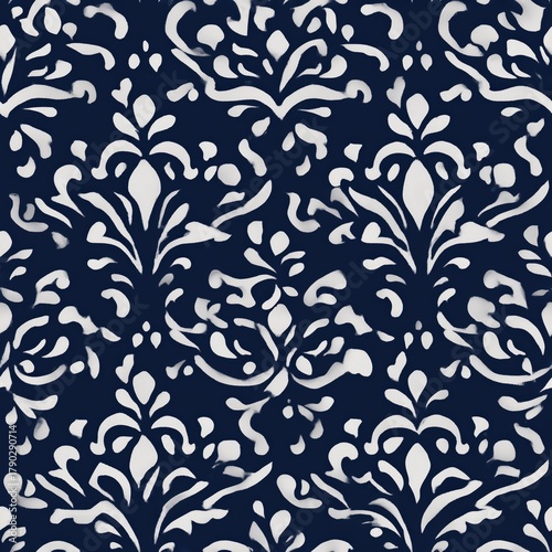 A decorative navy blue floral pattern with intricate white designs, perfect for textiles or wallpaper.