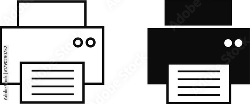 Printer icon set, print device vector collection, modern flat and line outline printer symbols for office, technology, documents, and paper printing, black and white circle button icons pack