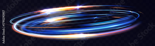 Glowing energy vortex light trails with blue and orange colors, dynamic circular motion lines and shining sparkles, futuristic speed swirl effect on dark background.
