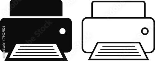 Printer icon set, print device vector collection, modern flat and line outline printer symbols for office, technology, documents, and paper printing, black and white circle button icons pack