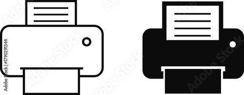 Printer icon set, print device vector collection, modern flat and line outline printer symbols for office, technology, documents, and paper printing, black and white circle button icons pack