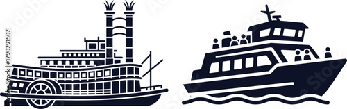 Silhouettes of a paddle steamer and a passenger ferry on white Keywords: paddle steamer, riverboat, steamboat, ferry, passenger