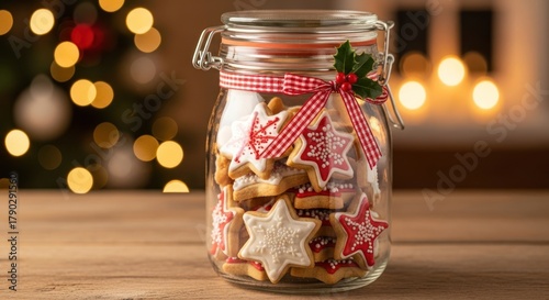 Star shaped christmas cookies in a jar with ribbon on a wooden surface bokeh