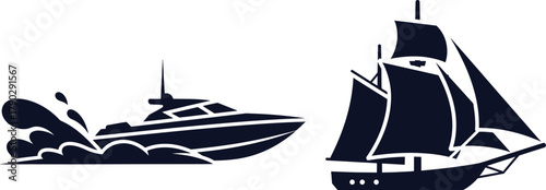 Speedboat with Water Splash and Sailboat Silhouette Comparison motorboat racing boat