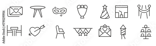 EVENT Planning line icon set. Containing date, schedule, management, catering, registration, wedding, coordination, invitation, birthday cake, buffet line icon set. 