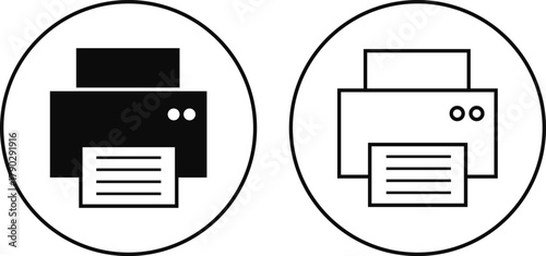 Printer icon set, print device vector collection, modern flat and line outline printer symbols for office, technology, documents, and paper printing, black and white circle button icons pack