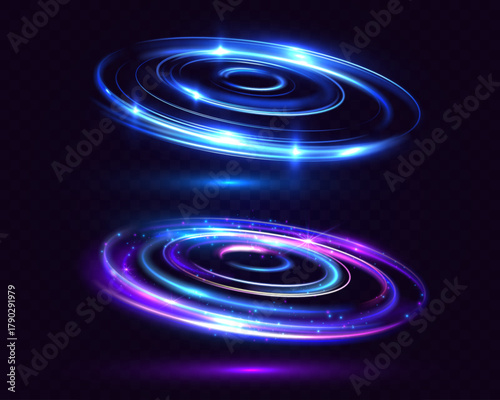 Glowing vortex light circles with blue and purple colors, swirling energy rings and sparkles, futuristic abstract motion design on dark background.

