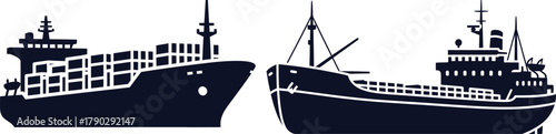 Silhouettes of two container ships on a white background Keywords: container ship, cargo ship, freighter, ship, boat, vessel